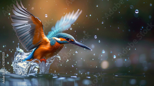 Kingfisher takes of from the water with splashing water around the bird © It4All