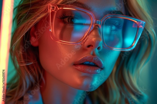 Close-up of a woman lit by captivating and colorful neon lights, exuding mystery and allure