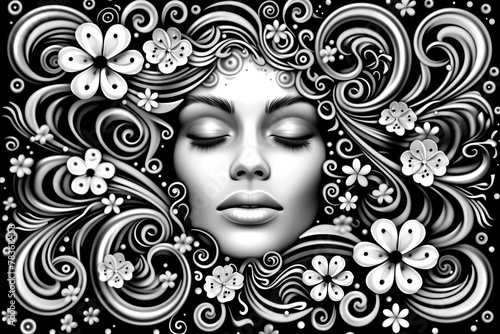a black and white painting of a woman s face with flowers and swirls in her hair © Bonya Sharp Claw
