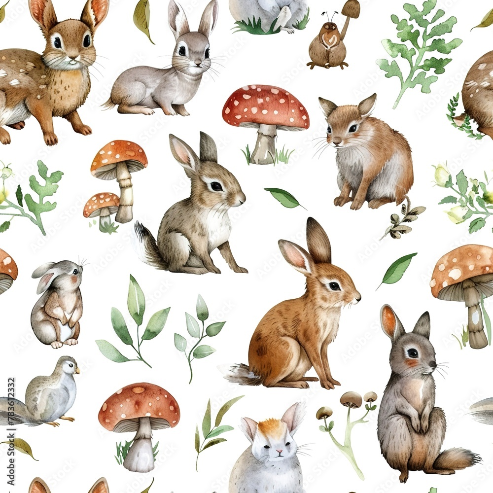 Obraz premium Watercolor forest animals, seamless pattern, soft and natural. Seamless pattern, Fabric Pattern, Tumbler Wrap, Mug Wrap.