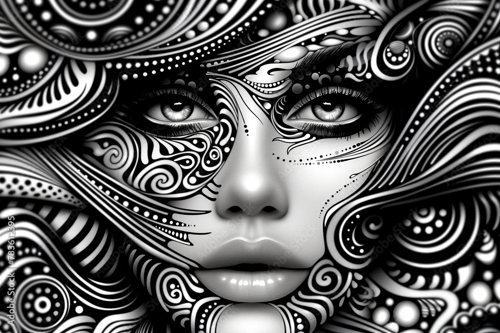 A monochrome art piece featuring a womans eye with a blackandwhite pattern