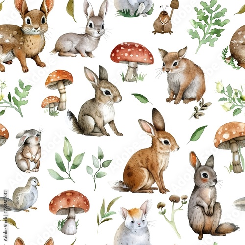 Watercolor forest animals, seamless pattern, soft and natural. Seamless pattern, Fabric Pattern, Tumbler Wrap, Mug Wrap.