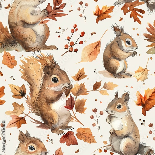 Light watercolor squirrels, seamless autumn pattern, playful and busy. Seamless pattern, Fabric Pattern, Tumbler Wrap, Mug Wrap. © Thanthara