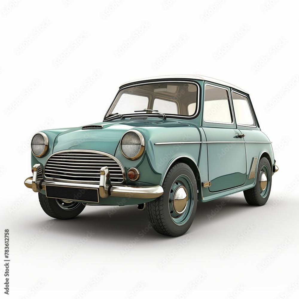Vintage teal mini car on a white background, symbolizing retro style and automotive history.