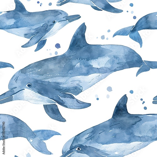 Watercolor dolphins, seamless sea pattern, playful and graceful . Seamless pattern, Fabric Pattern, Tumbler Wrap, Mug Wrap.