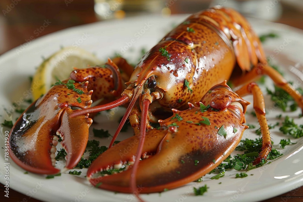 A delectable whole cooked lobster served with a touch of parsley and lemon wedge on the side A delectable whole cooked lobster served with a touch of parsley and lemon wedge on the side