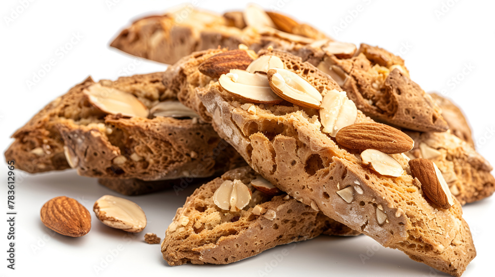 Close view of some fresh cereal bread isolated on a white background., cantuccini cookies with almonds isolated on a white background.