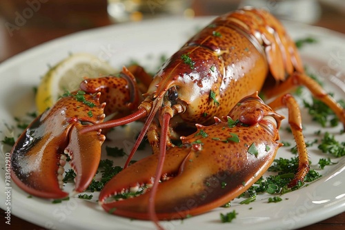 A delectable whole cooked lobster served with a touch of parsley and lemon wedge on the side