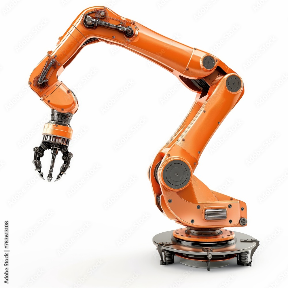 Orange industrial robotic arm isolated on white background, depicting automation and technology in manufacturing.