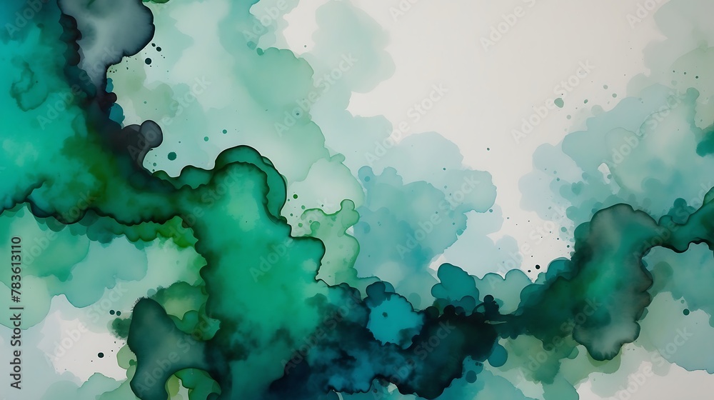 blue green and white watercolor background with abstract cloudy sky concept with color splash design and fringe bleed stains and blobs

