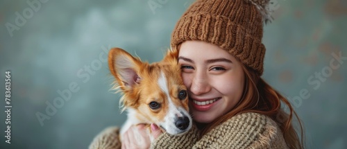 Woman holding small dog in arms photo