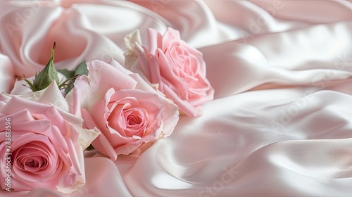 pink roses arranged on a soft white satin fabric background  offering ample copy space for text  perfect for a banner design.