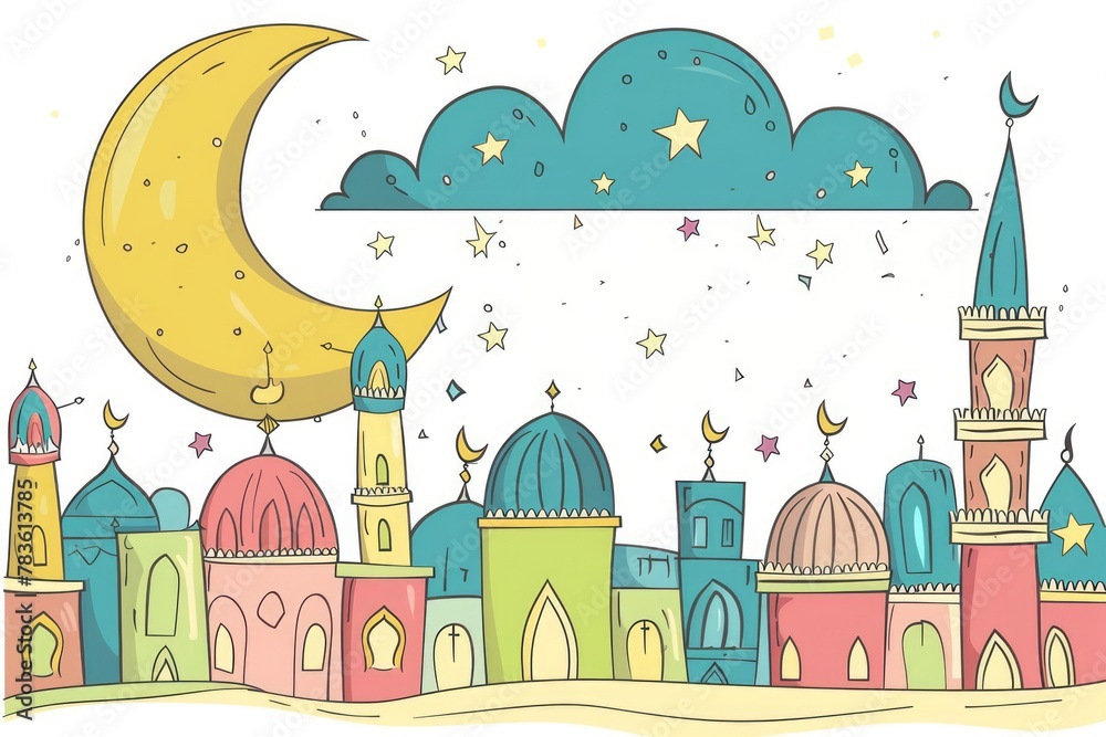 Ramadan Kareem, Eid Mubarak Al Fitr, Islamic holiday illustration, Arabic architecture, mosque