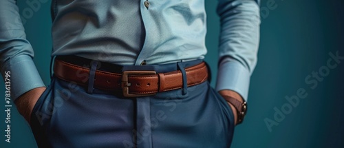 Man wearing brown leather belt and blue shirt