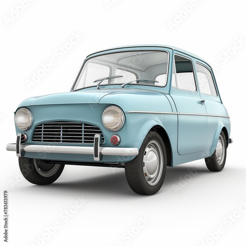 Classic light blue vintage car with a minimalist white background, exuding retro charm and simplicity.