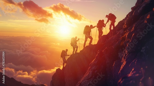 hiker adventure on high mountain at sunrise background. generative ai