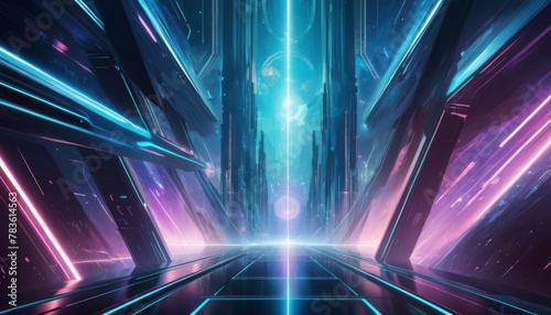 Digital art of a futuristic corridor glowing with neon lights, creating a sense of depth and movement towards a central orb. AI Generation
