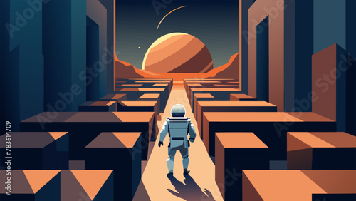Against the backdrop of a shimmering nebula a lone astronaut navigates their way through a maze of ancient ruins on a distant moon. The vastness