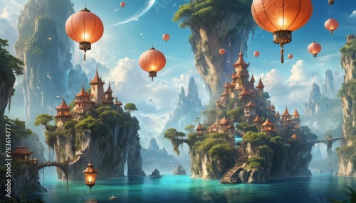 Floating lanterns ascend towards the sky above an ethereal village perched on vertical cliffs surrounded by a tranquil turquoise sea.. AI Generation photo