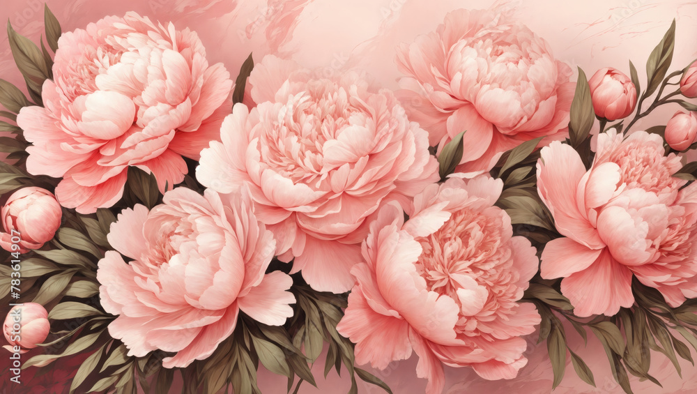 Luxurious floral background showcasing a bouquet of peonies in shades of blush pink and coral, painted with lush oil textures.