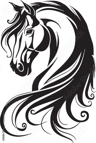 Stylish and dynamic vector illustration of a horse's head with flowing mane in black and white