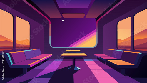 A stateoftheart spaceships lounge area with floortoceiling windows that offer an unobstructed view of a magnificent nebula. Vibrant hues of