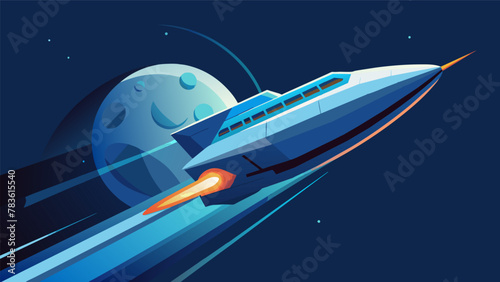 The first illustration shows a futuristic spacecraft hurtling through space with its propulsion system emitting a bright blue plasma trail