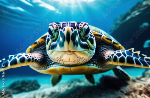 A turtle swims underwater in the blue sea. Wild aquatic animal