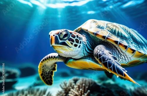 A turtle swims underwater in the blue sea. Wild aquatic animal