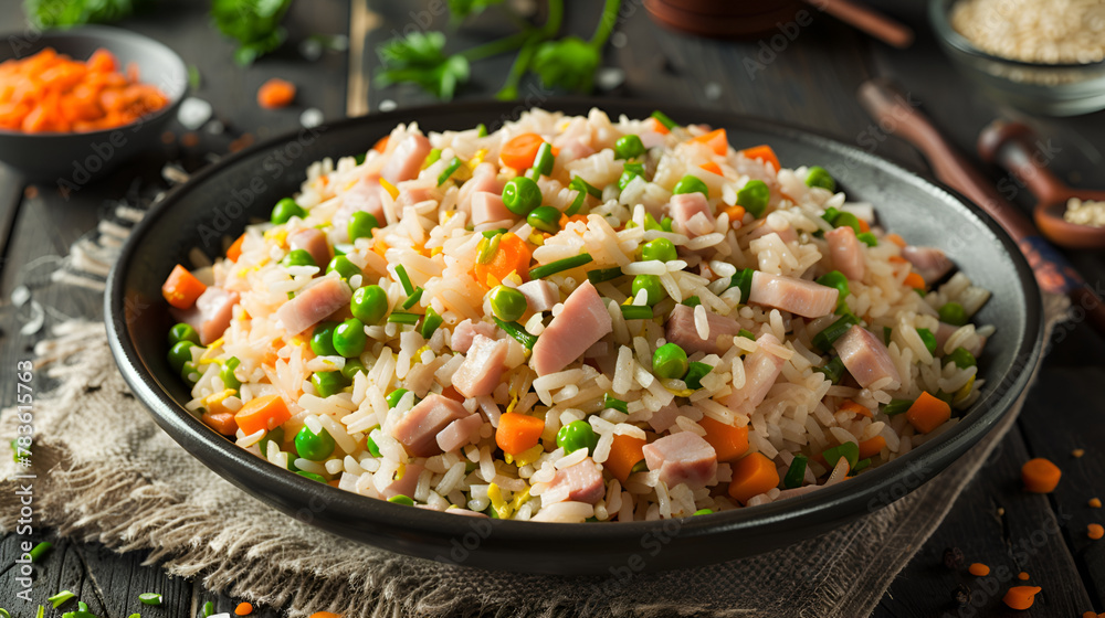 close ,up of Chicken Fried Rice with red pepper, carrots, onion, parmesan slices in black bowl on dark wooden table,Rice with vegetables in a bowl on a wooden table close ,up of Chicken Fried Rice with red pepper, carrots, onion, parmesan slices in black bowl on dark wooden table,Rice with vegetables in a bowl on a wooden table