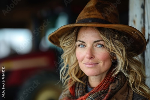 A young woman in a hat smiling confidently in front of a tractor, exuding a rustic charm