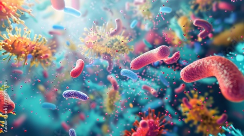 3D depiction of a flourishing gut flora, enhanced by probiotics and prebiotics, signifying immune and digestive harmony photo
