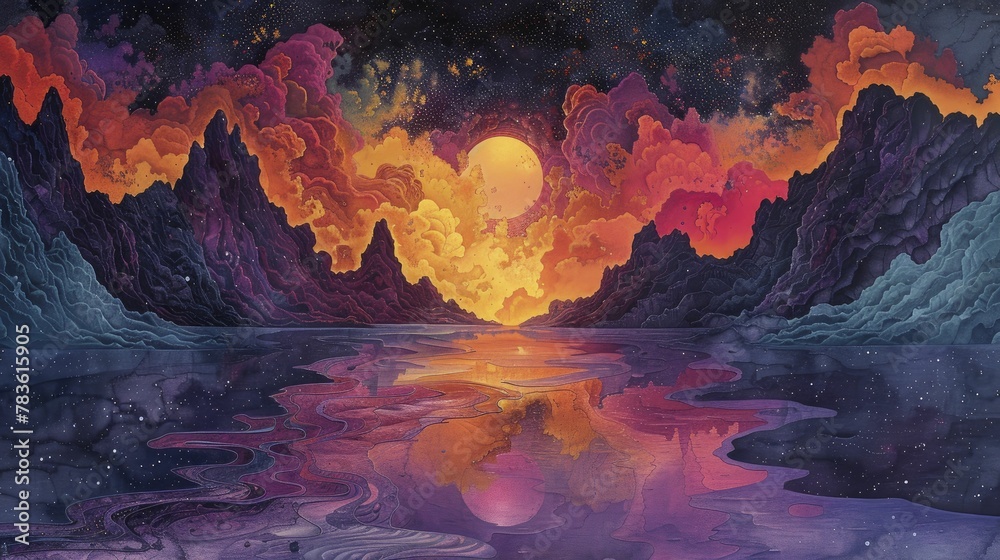 Vivid hues cascade like liquid whispers, painting a surreal dreamscape with psychedelic pastel rivers.