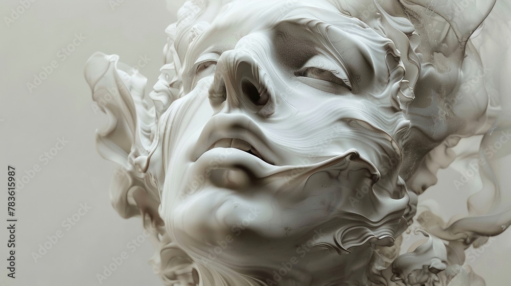 Artistic of a classical face sculpture melting, its contours flowing elegantly against a stark solid color backdrop Artistic of a classical face sculpture melting, its contours flowing elegantly against a stark solid color backdrop