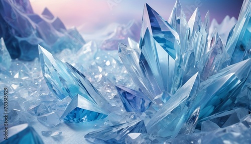 Pristine blue crystals jut out sharply, creating a mesmerizing scene reminiscent of an icy landscape under a soft, ambient light. AI Generation