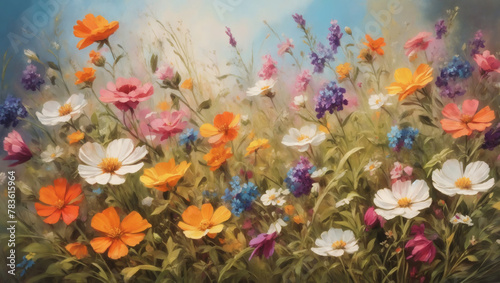 Exquisite floral background with vibrant wildflowers blooming in a meadow, captured in stunning oil painting. © xKas