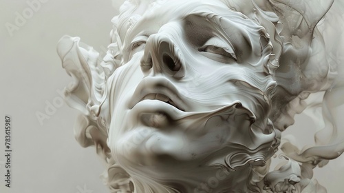 Artistic rendering of a classical face sculpture melting, its contours flowing elegantly against a stark solid color backdrop