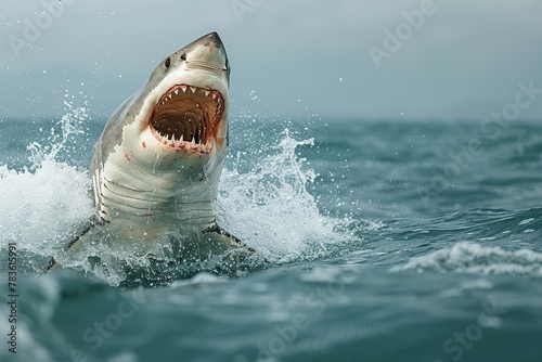 Detailed capture of a great white shark leaping out of the ocean with jaws wide open, showing sharp teeth and raw power © Larisa AI