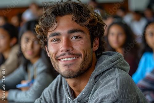 A joyful young man with curly hair smiles warmly in a classroom setting with out-of-focus classmates