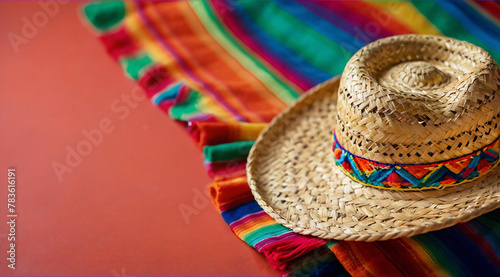 Mexican straw party sombrero hat on a colorful poncho. Cinco de Mayo holiday background