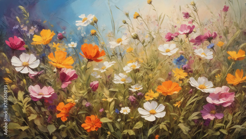Exquisite floral background with vibrant wildflowers blooming in a meadow, captured in stunning oil painting. © xKas