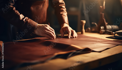 Master tanner sews a product from genuine leather