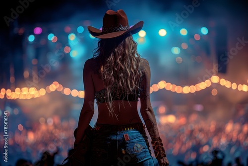 Dramatic image of a stylish woman with a cowboy hat facing towards a vibrant festival stage with lights photo