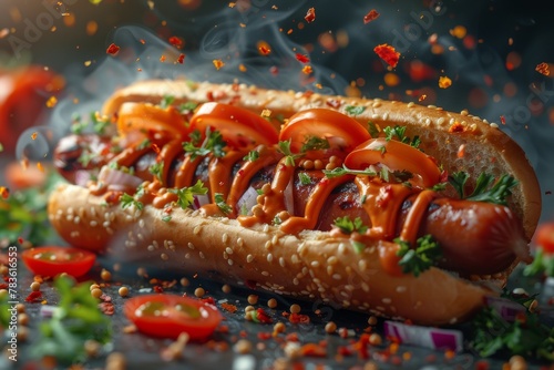 A delectable gourmet hot dog with a glossy bun topped with fresh tomatoes, onions, herbs, steam, and sauce splatters