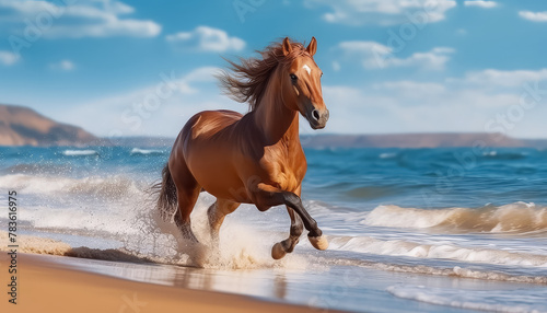 Brown horse running on the beach by the ocean