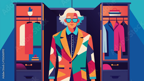 An eccentric wardrobe bursting with bold patterns vibrant colors and statement pieces. This wise senior defies traditional fashion norms and