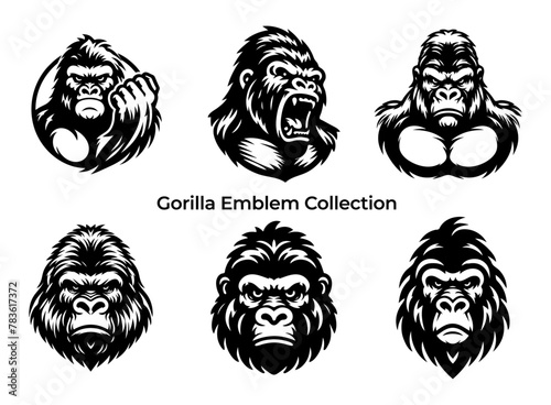 Vector set of gorilla heads isolated on a white background. Monochrome illustration. photo