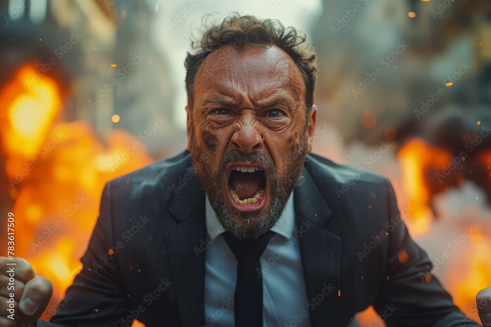 Intense male figure screaming with a fire explosion backdrop, depicting alarm and urgency Intense male figure screaming with a fire explosion backdrop, depicting alarm and urgency