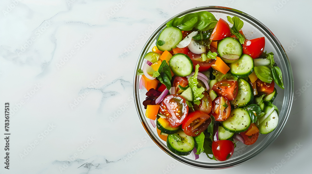 healthy colorful vegan tomato salad with cucumber, radish, onion,a bowl of vibrant green salad featuring fresh tomatoes, lettuce, and assorted vegetables. this visually appealing dish