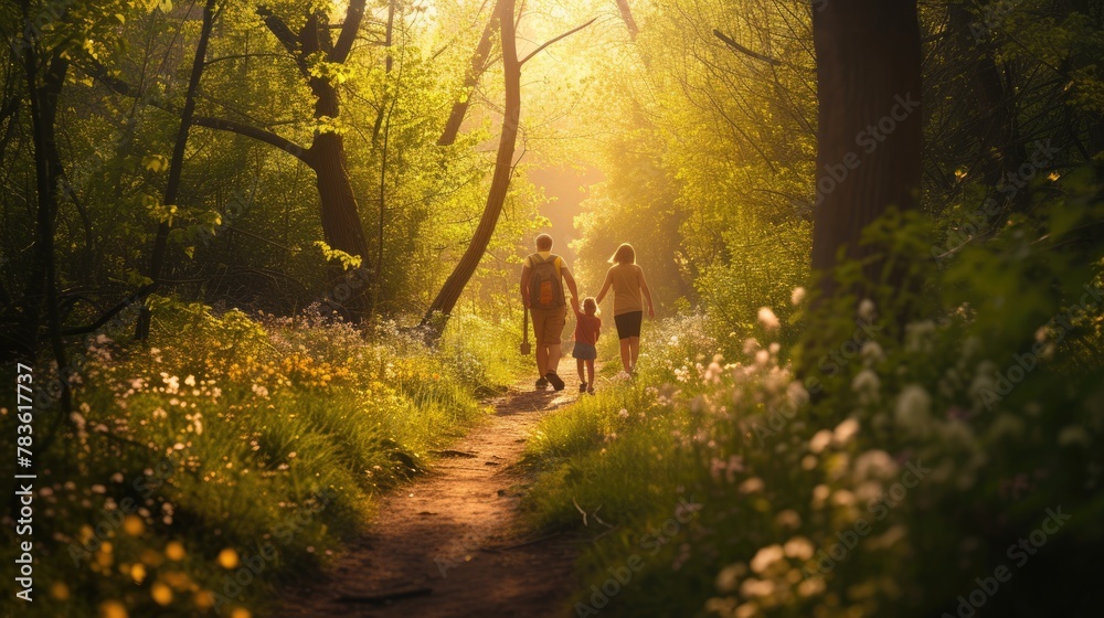 A woman and child stroll through a forest, hand in hand, amidst trees, plants, and natural woodland landscape. AIG41 - obrazy, fototapety, plakaty 